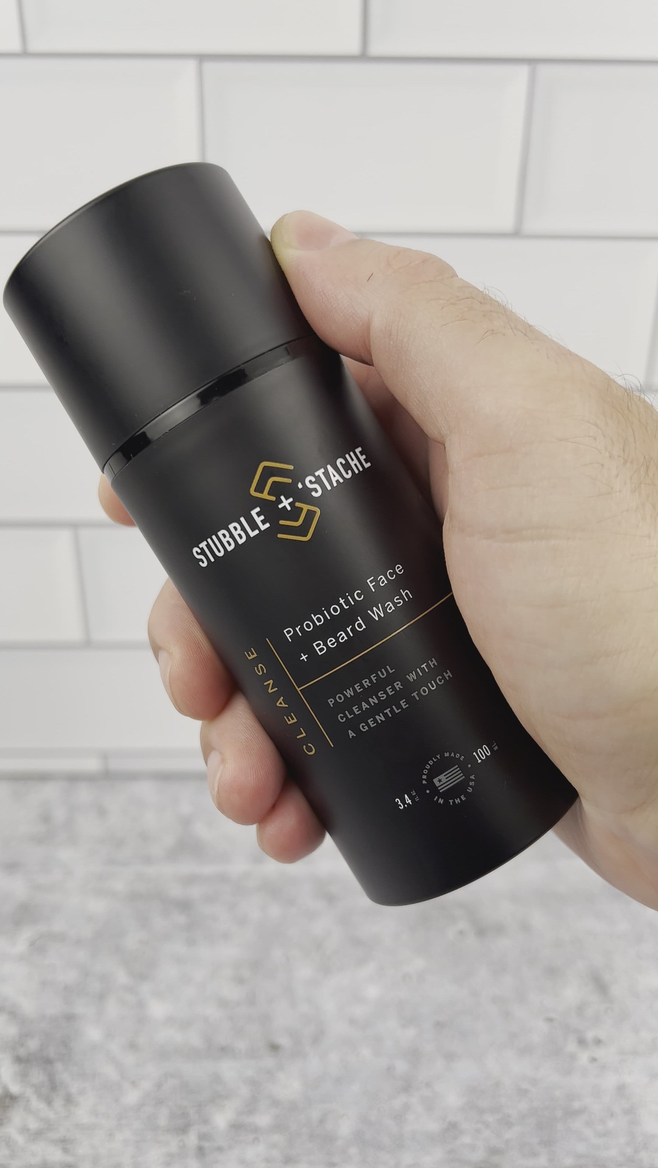 Cleanse probiotic face and beard wash for men. Video showing the airless pump and consistence of the wash